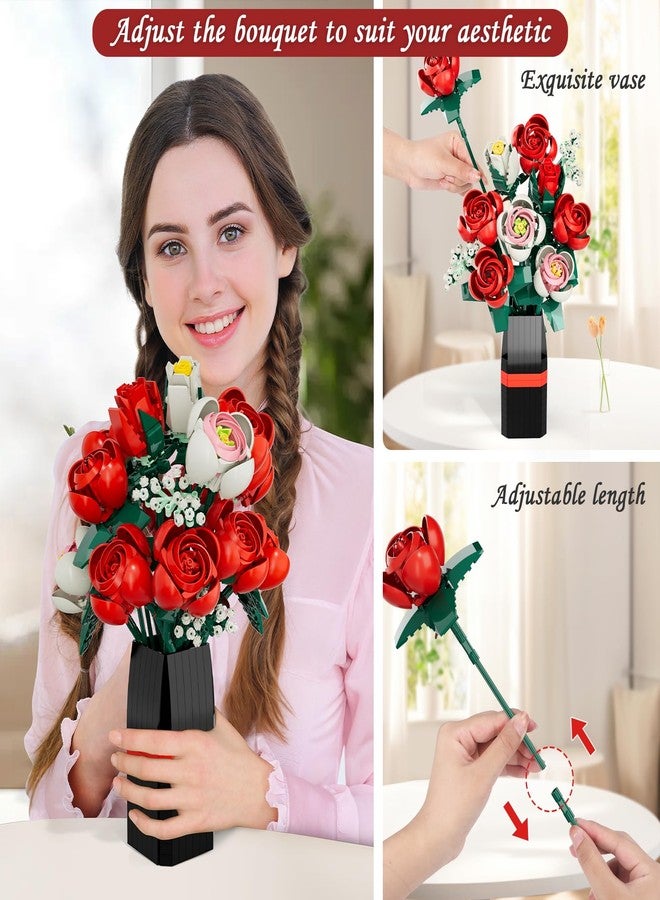 EXCOUP Flower Bouquet Building Set, Artificial Roses Toy Building Set with Vase, Building Blocks Flower Brick Toys, for Home Office Decoratin, Christmas, Mother's Day, or Valentine's Gifts, 841 PCS - Image 3